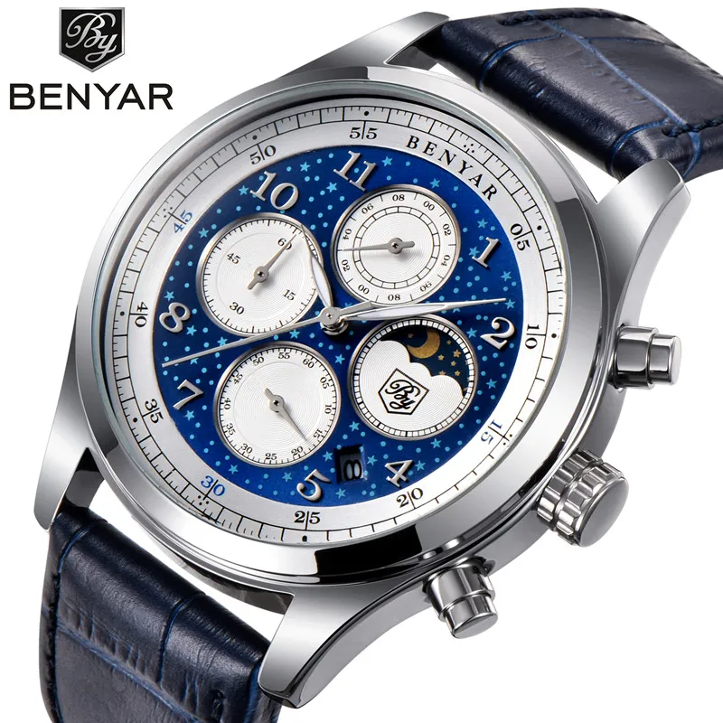 

BENYAR Top Luxury Brand Moon Phase Watches Men Waterproof Chronograph Military Sports Quartz Watch Male Clock Relogio Masculino