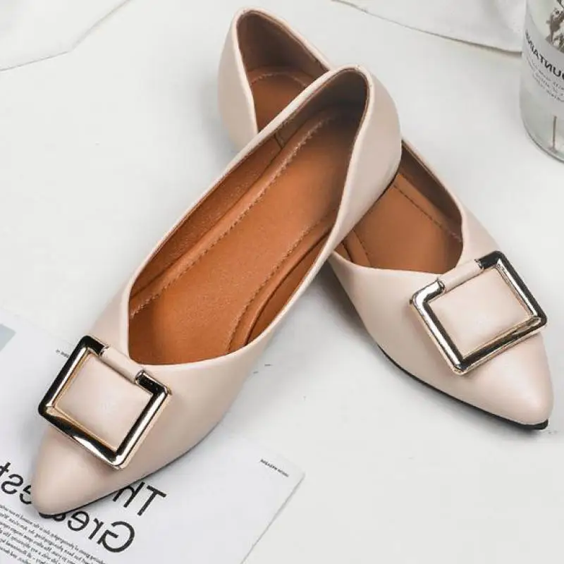 

Women Flat Shoes Slip On Loafers Metal Buckle Lady Single Shallow Office Pointed Toe Footwear Plus Size 43 Zapatos Mujer New