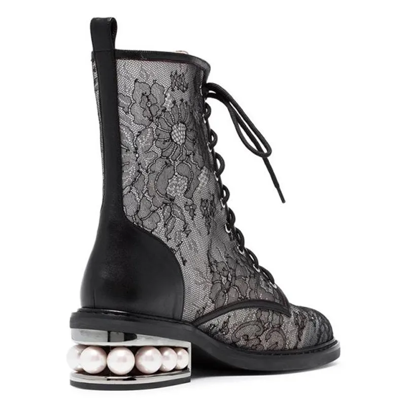 Г. Осенняя женская обувь со шнуровкой в сеточку дизайнерские женские Ботильоны на каблуке с жемчугом женские ботинки на шнуровке с круглым носком