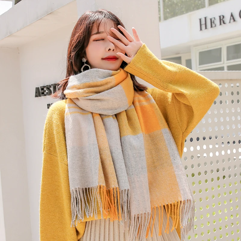 Large Plaid Wool Scarf for Women Koream Autumn Warm Shawls and