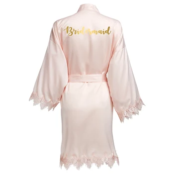 

YUXINBRIDAL Blush New Matt Satin Lace Robe with Trim Gown Bridal Wedding Bride Robes Bridesmaid Kimono Robe Bridal gold print