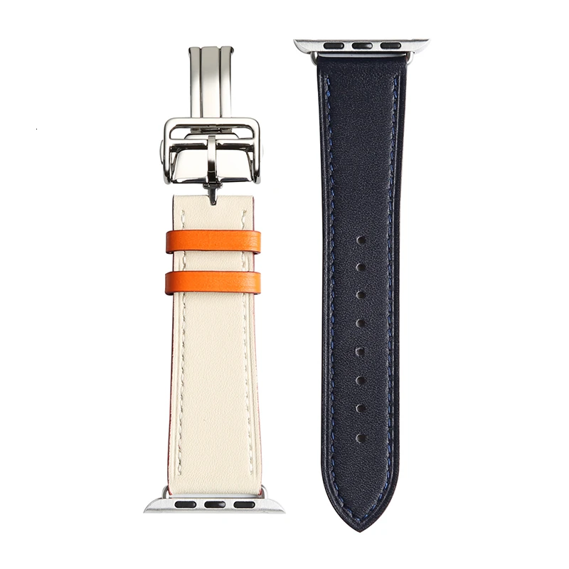 Rice white indigo Ремень из коровьей кожи для Apple Watch band Series 5 iwatch 44 мм 4 3 2 1 Роскошная стальная пряжка 42 мм петля 38 мм Замена браслета 40 мм - Цвет ремешка: Rice white indigo