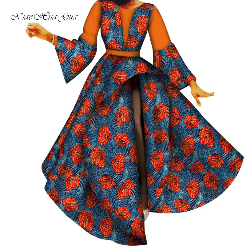 Fashion Patchwork Flare Sleeve Long Dress Bazin Riche African Print Dresses for Women Party Vestidos African Clothing WY5643