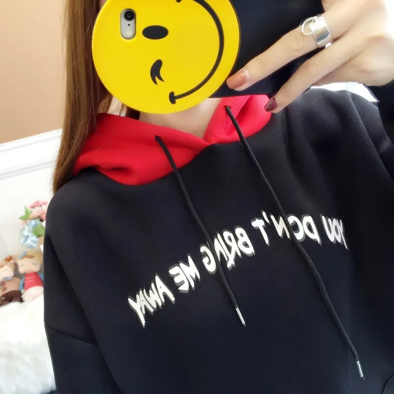 Осенне-зимние утепленные Новые повседневные пуловеры с буквенным принтом для девочек, красные черные толстовки с капюшоном, Женская толстовка