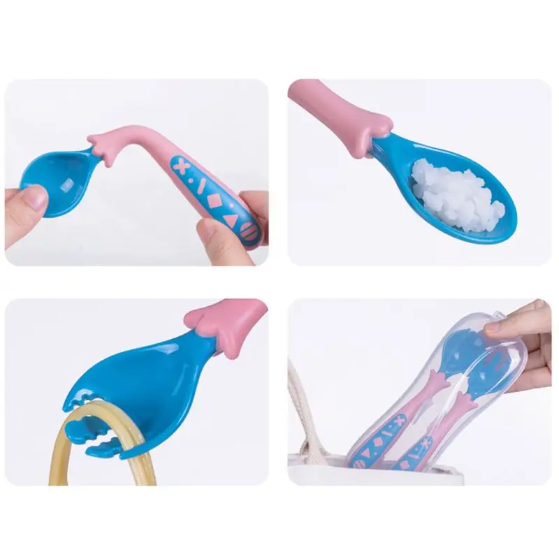 Baby Utensils Feeding Spoon Fork Set Travel Safe Case Toddler Babies Easy Grip Heat-Resistant Children Feeding Training Spoon