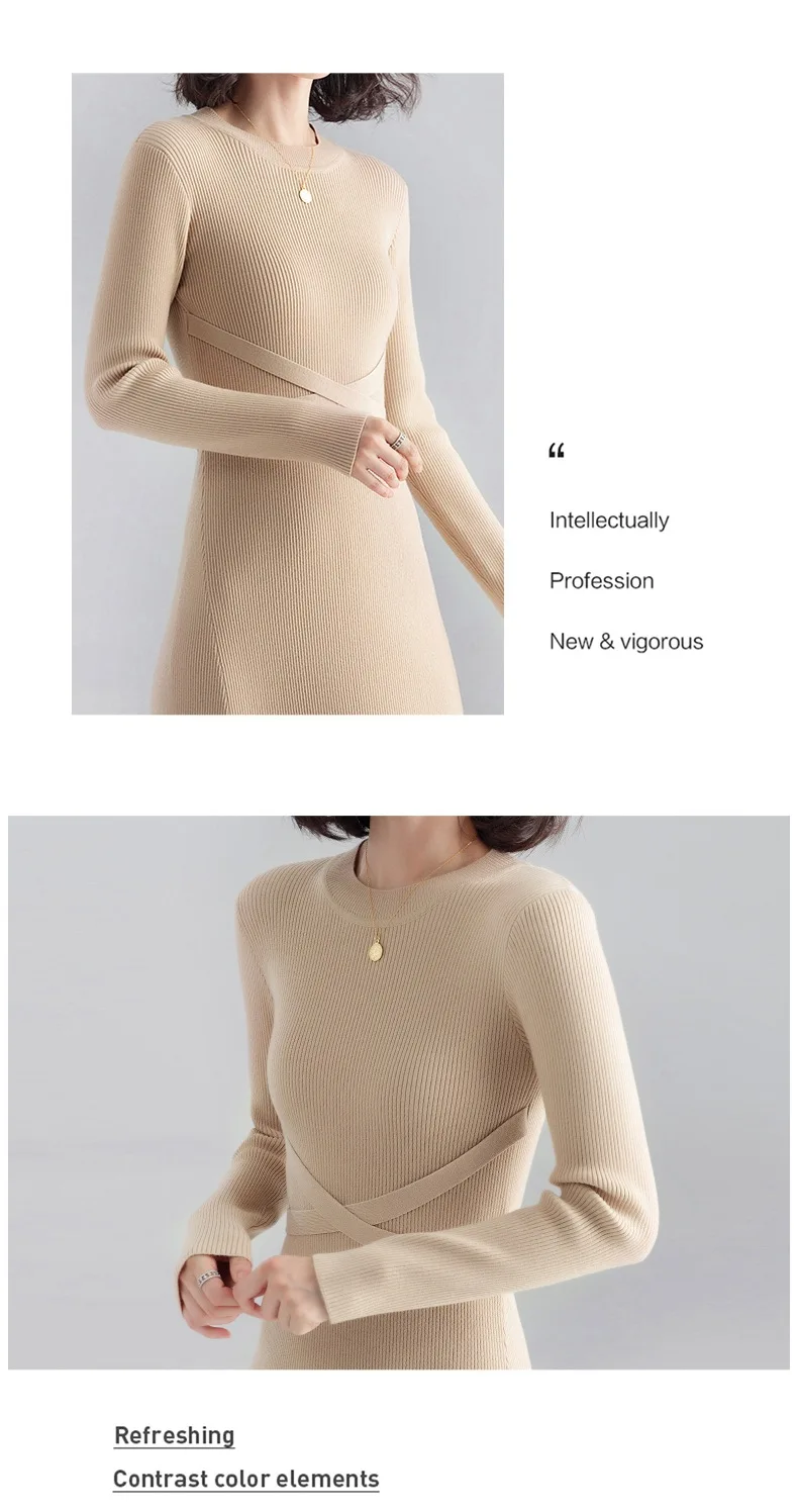 INNASOFAN knitted dress women Autumn Winter long-sleeved dress Euro-American fashion chic dress solid color