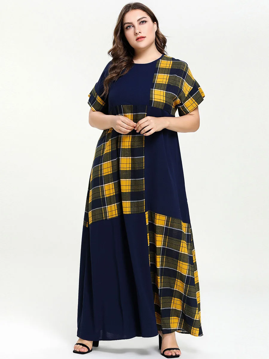 Plaid Contrast Color Elegant Dress Women Summer O Neck Short Sleeve Maxi Long Dress Plus Size Ladies Tunic Abayas Muslim Dresses