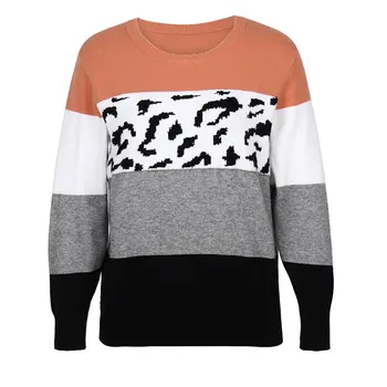 

Women Color Block Sweater, Autumn and Winter Long Sleeve Round Neck Leopard Print Pullover