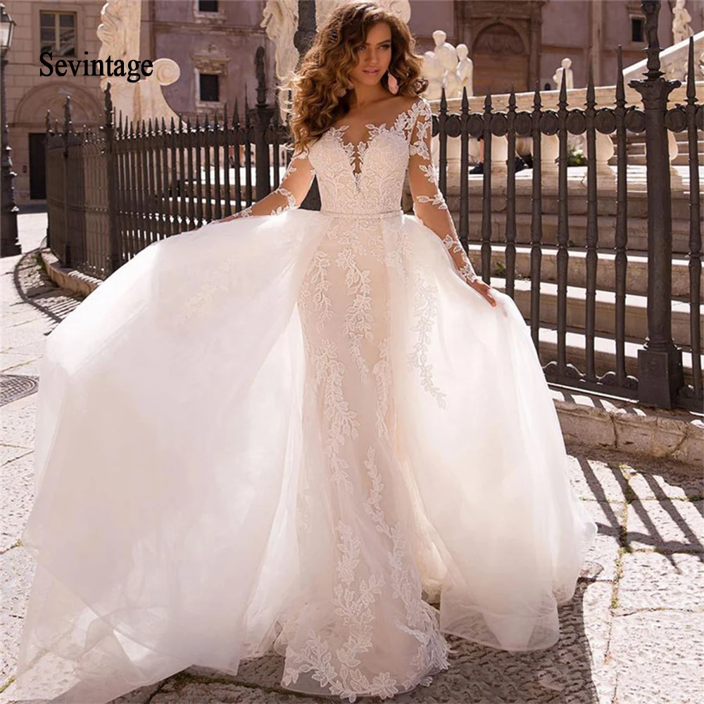 Sevintage Sexy Kant Mermaid Trouwjurken Nieuwe Sheer Lange Mouwen Applique Bruidsjurken Met Afneembare Rok Vestido Noiva Sevintage Sexy Kant Mermaid Trouwjurken Nieuwe Sheer Lange Mouwen Applique Bruidsjurken Met Afneembare Rok Vestido Noiva