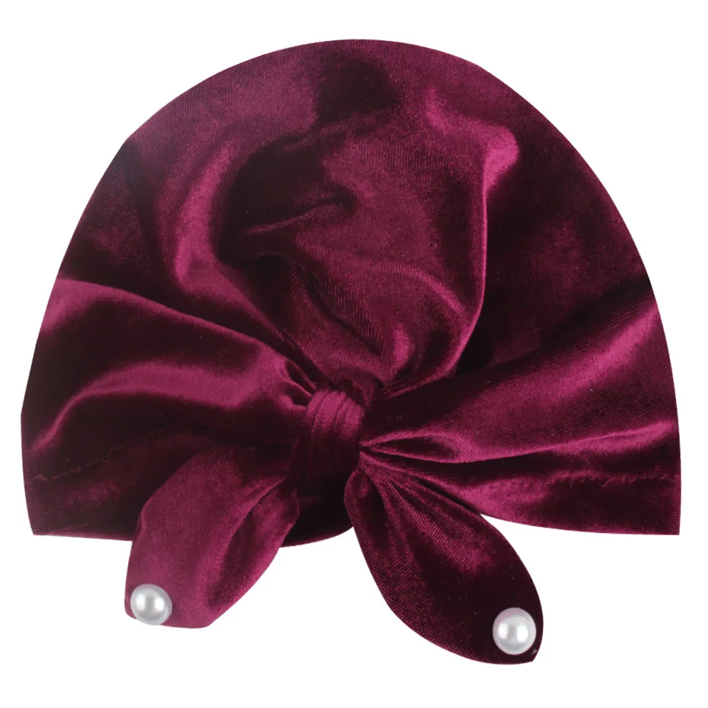 Wine Red Платье для маленьких девочек тюрбан берет с бабочкой для детей, Обёрточная бумага теплый и украшением из жемчуга и бантов Кепки для маленьких девочек аксессуары для волос Детские эластичные шапка головной убор - Цвет: Wine Red