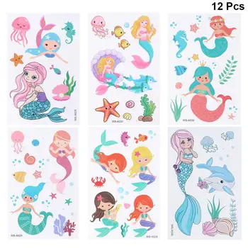 

12 Sheets Tattoo Sticker Mermaid Patterns Decal Cartoon Sticker for Party Kids Daily Decoration