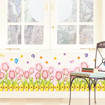 

[shijuekongjian] Flowers Baseboard Wall Sticker DIY Tulip Pink Flores Mural Decals for Living Room Kids Rooms Kitchen Decoration