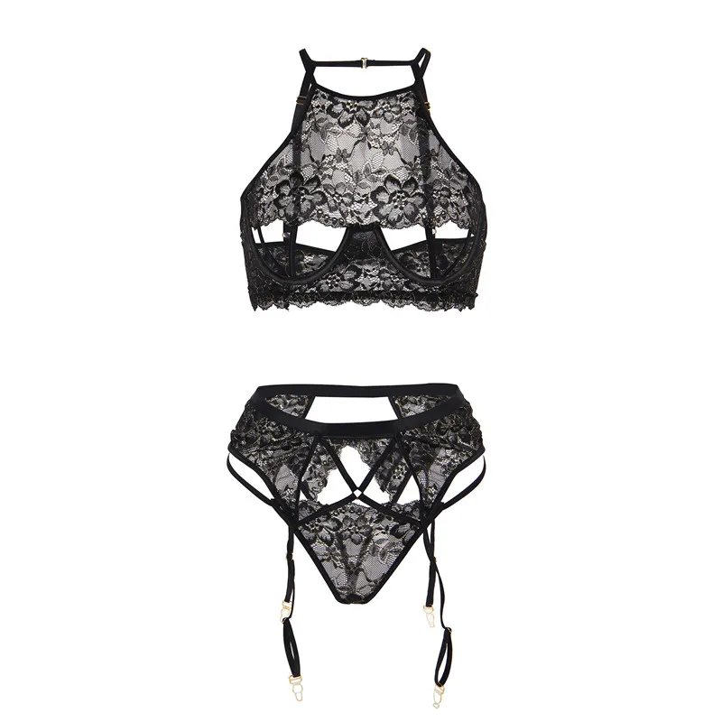 black bra set Comeondear/комплект бюстгальтера с кружевным бюстгальтером золотистого цвета, открытый бюст, Женский Плюс Размер 5XL, сексуальный пояс для чулох, женское нижнее белье лифчик+ трусики Lenceria RA80774 - Цвет: black bra set