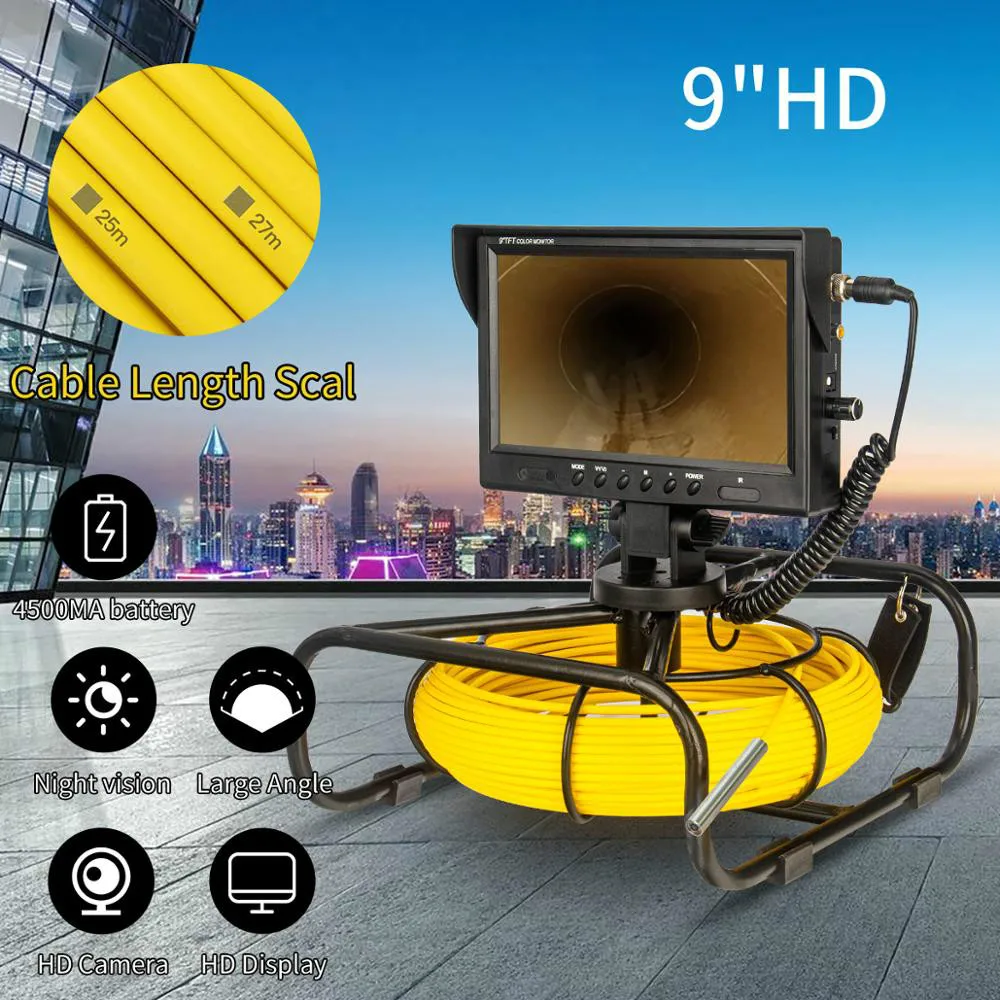 20M 50M Yellow cable 9inch Color display waterproof sewer video inspection 6.5mm camera with Rotating coil shelf /DVR/16GB/WIFI