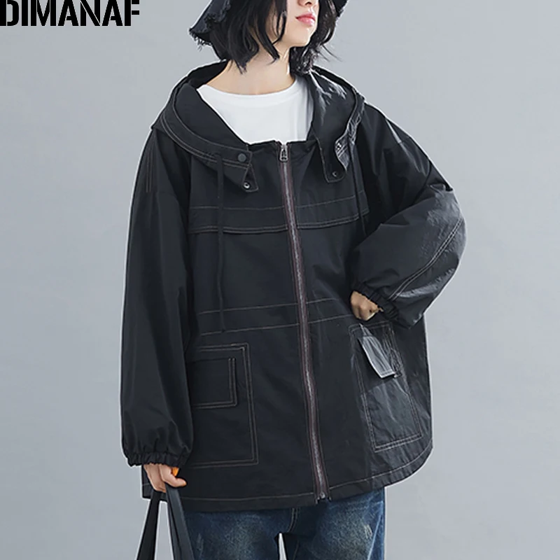 HL97050CN-hei DIMANAF Женская куртка-бомбер, пальто, осенняя модная женская верхняя одежда с капюшоном на молнии, свободная однотонная одежда больших размеров, новинка - Цвет: HL97050CN-hei