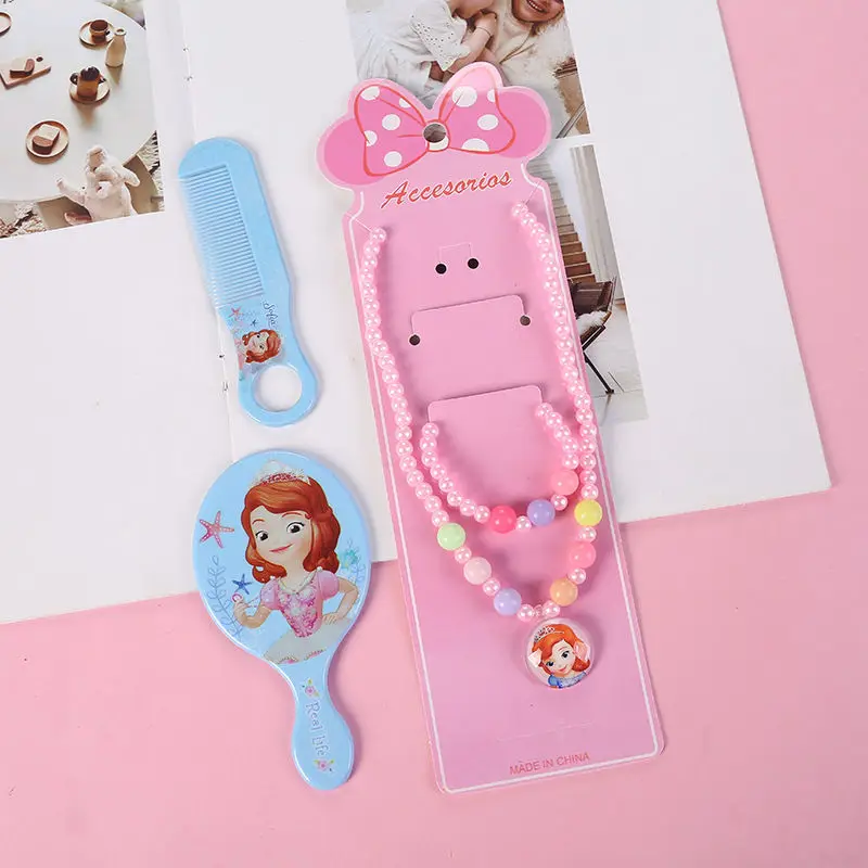 4pcs Disney princess cartoon Mirror comb+necklace bracelet Elsa Jewelry accessories children Frozen doll girl gift cosmetic toy - Цвет: 1