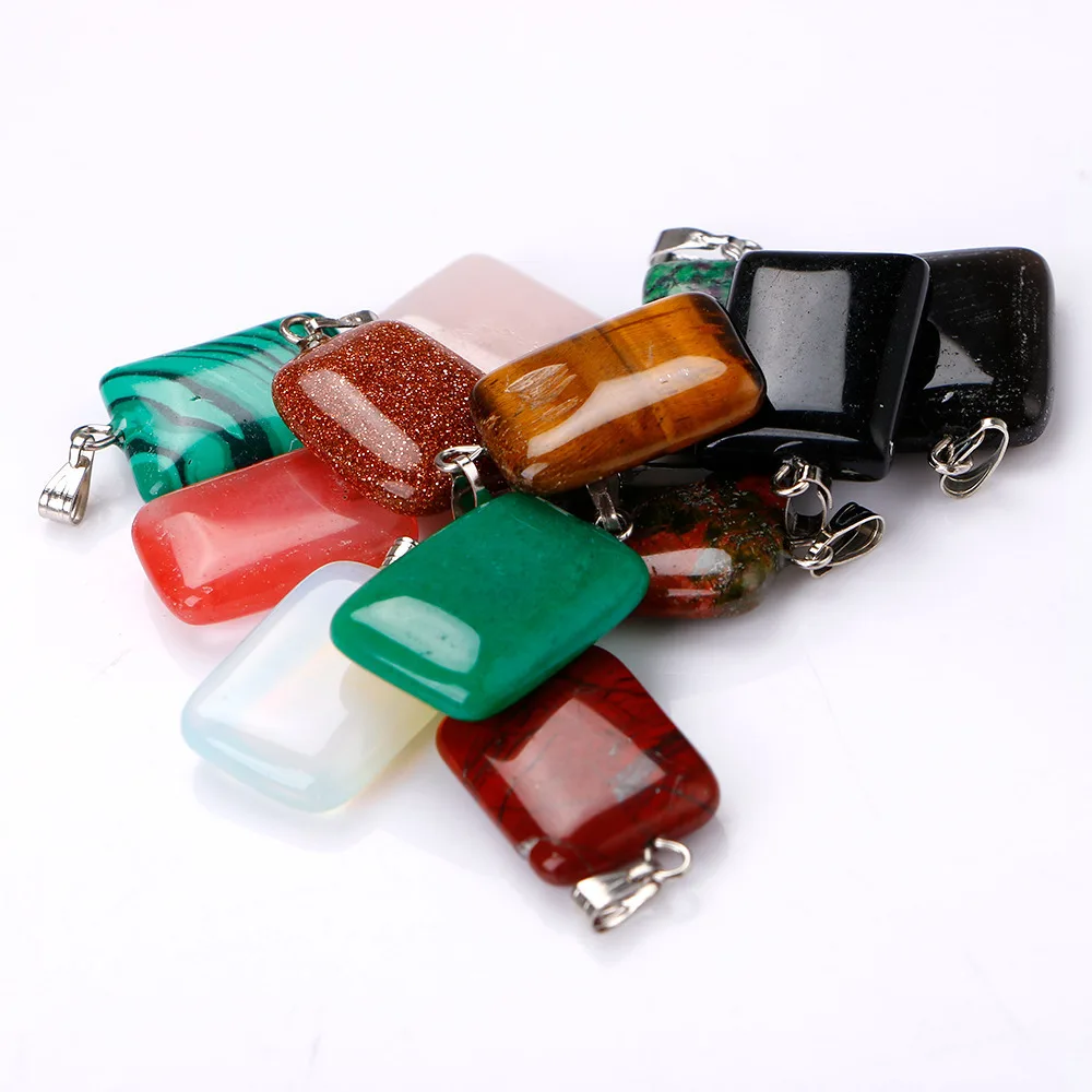 Natural Stone Rectangle Opal Tiger's Eye Howlite Pink Quartz Crystal Chakra Reiki Healing Pendulum Necklace