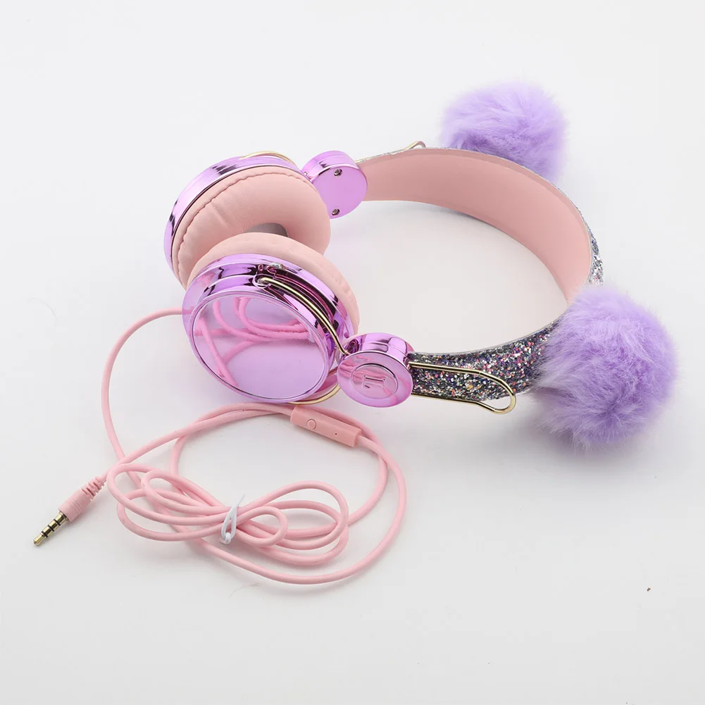 Headphones Computer Volume Limiting Cute Glitter Birthday Gift Kids Built In MIC School Cartoon Wired Music Plushy