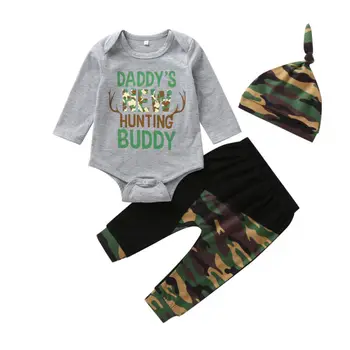 

Cute 3PCS Set Newborn Baby Boy Clothes Daddy's new hunting buddy Mustache Print Bodysuit Tops Long Pants Hat Outfits 0-18M