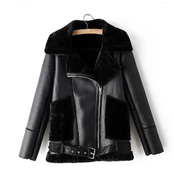 

Winter 2019 Casual Faux Leather Jackets Women Winter Sashes Zipper Streetwear Biker Motorcycle Big fur pocket Jacket Girls Coat