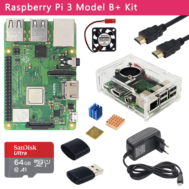 Raspberry Pi 3 Modelo B + Kit + carcasa de acrílico + adaptador de corriente + tarjeta SD de 32/64GB + disipador térmico para Raspberry Pi 3 B +