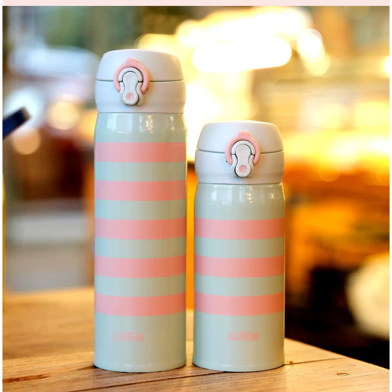 350/500ml Thermos Stainless Steel Thermal Mug Striped Bounce Cup Water Vacuum Cup School Home Tea Bottle - Color: pink