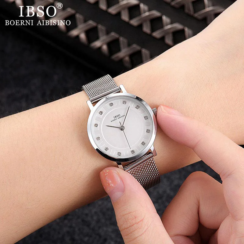 IBSO Women's Watches Set 8mm Ultra thin Silver Mesh Stainless Steel Strap Quartz Clock Hours Sets Ladies Birthday Gift