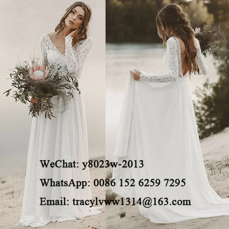 

Bohemia Long Sleeves Wedding Dress 2020 Sheer Lace Plunging Neck Backless A Line Beach Bridal Dresses Vestido De Noiva