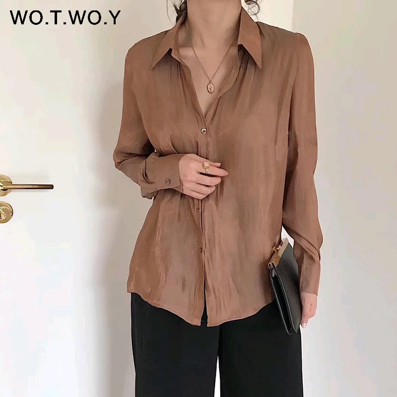 

WOTWOY Spring Summer Thin White Women's Blouse Turn Down Collar Button Sexy Khaki Female Shirts Solid Color Fashion Tops Women