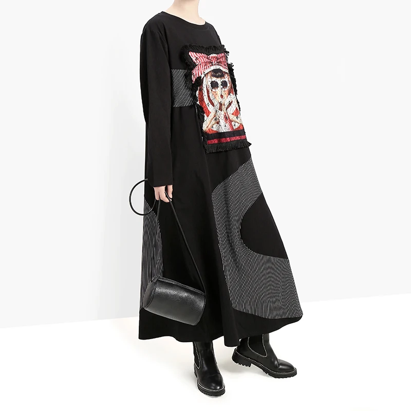 New Japanese Style Women Winter Black Long Dress Full Sleeve Cartoon Patch Lady Plus Size Harajuku Cute Dress vestidos 5651