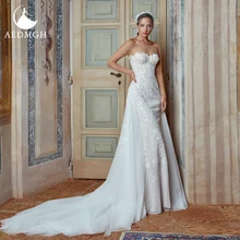 

Aedmgh Mermaid 2 In 1 Wedding Dresses 2022 O-Neck Long Sleeve Vestido De Novia Beaded Appliques Detachable Train Robe De Mariee