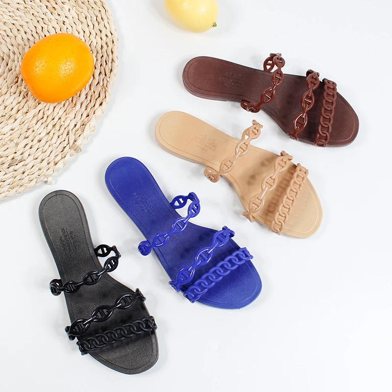 

famous designer chains slides women flat heel summer shoes woman pig nose chain belt flip flops sandalias ladies indoor slipper