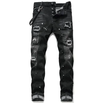 

KIOVNO Men Painted Distressed Jeans Washed Slim Fit Ripped Denim Trousers Male Black Color Pants