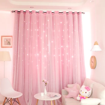 

Cute Curtains Hollow Out Stars Layers Window Curtains Hookless Double Fabric and Gauze Blinds for Office Living Room Bedroom A35