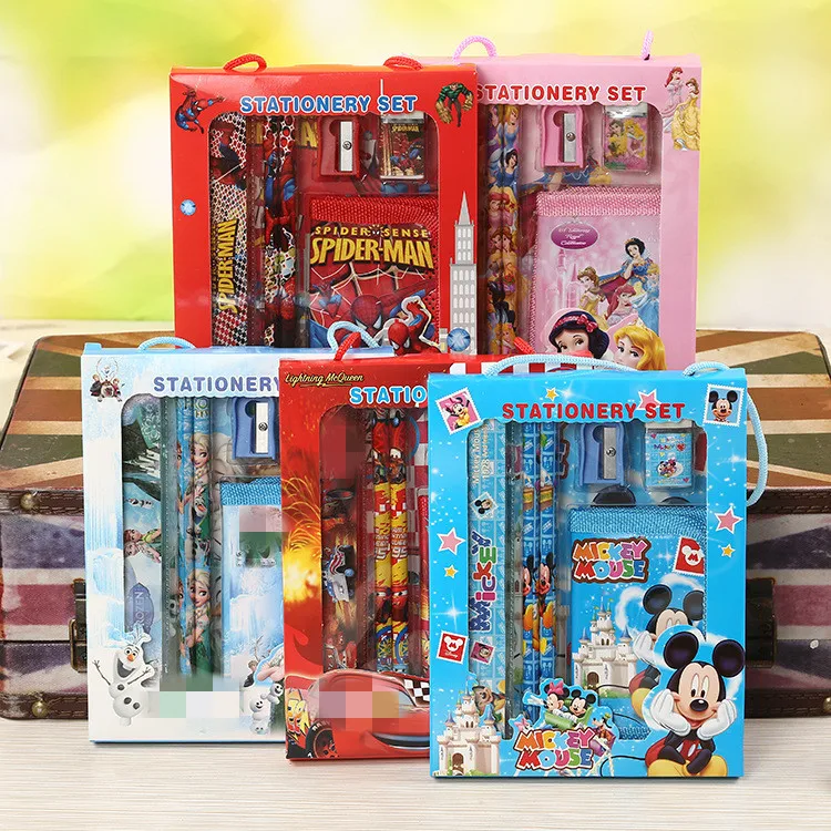 

New Arrival Cartoon 6pcs/set Cute Spiderman Micky Mouse HB Wood Pencil With Wallet Kids Birthday Gift School Stationery