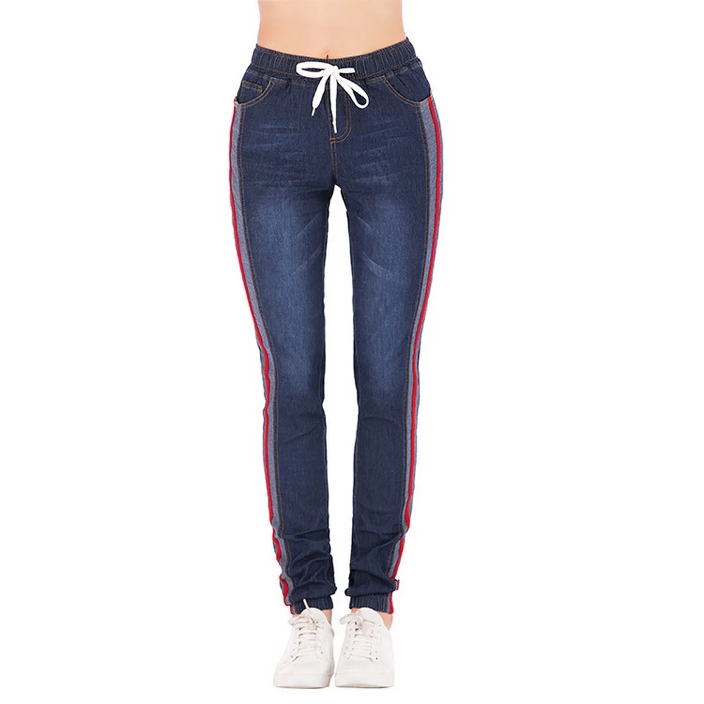

Puimentiua Fall Drawstring Jeans Lady Casual High Waist Pant Side Striped Trouser Patchwork Straight Denim Pant Mujer Plus Size