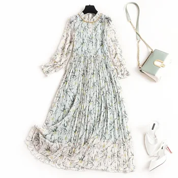 

Women chiffon bohemian dress new 2020 spring summer beading high neck long sleeve pleated floral dresses green
