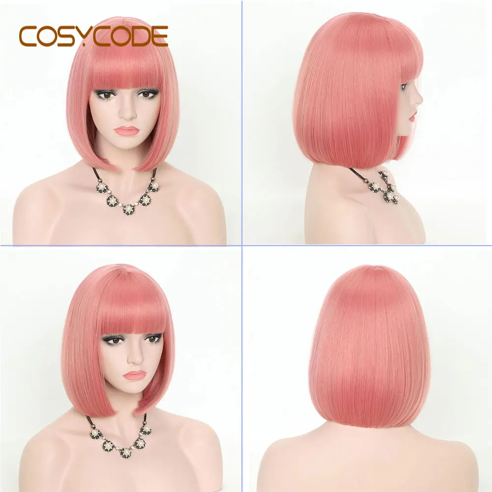 ash pink COSYCODE 12 дюймов короткий черный боб парики с челкой прямые некружевные синтетические Косплей парики костюм 30 см - Цвет: ash pink