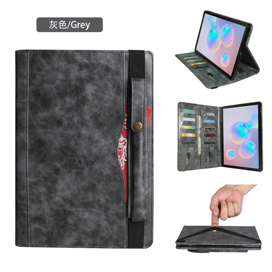 Серый Для samsung Galaxy Tab S6 10,5 чехол SM-T860 SM-T865 10,5 ''Многофункциональный полиуретановый чехол-подставка с карандашом и держателем для карт - Цвет: Серый