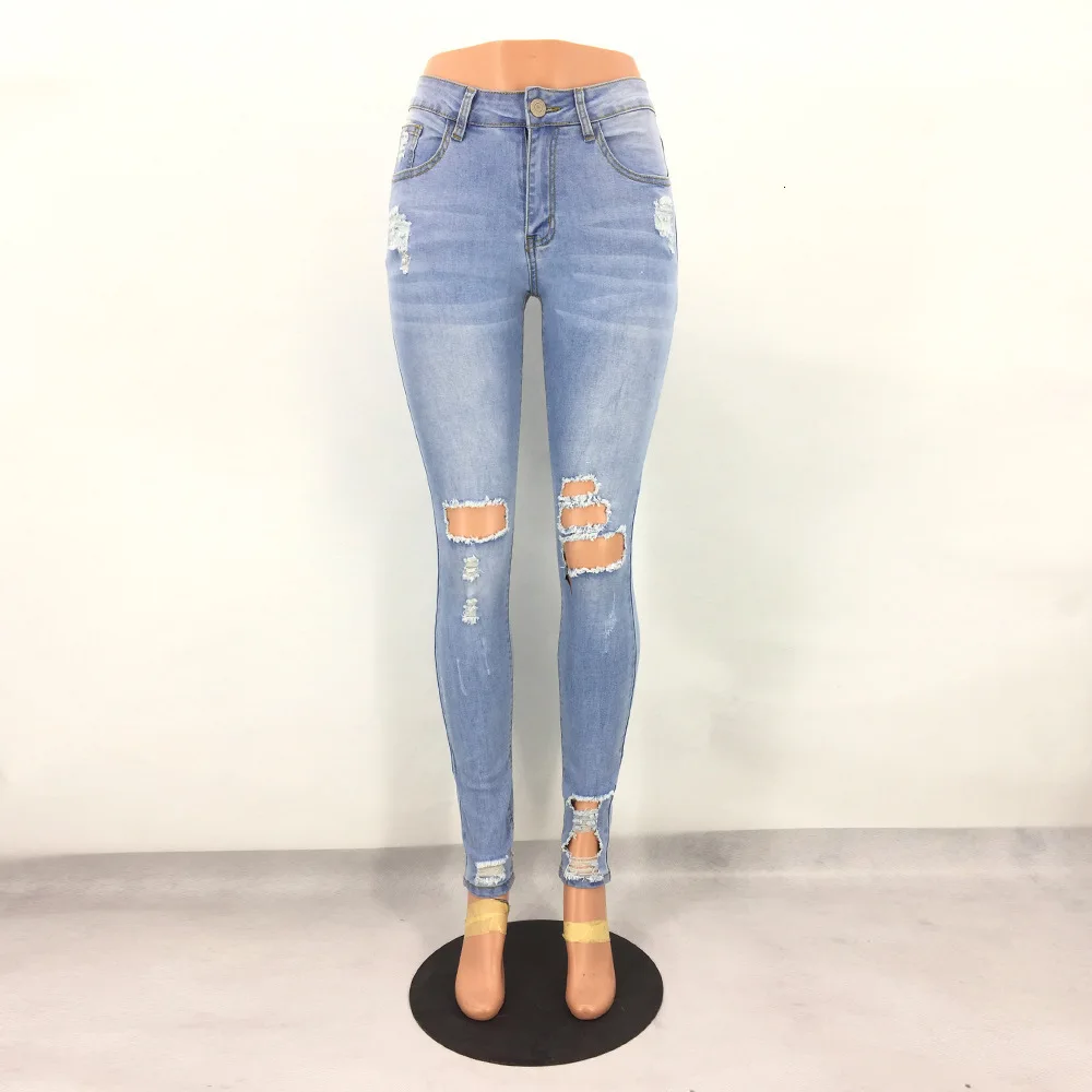 Dilusoo Для женщин классические отверстия Джинсы Брюки джинсовые Повседневное рваные брюки карандаш высокие эластичные длинные брюки