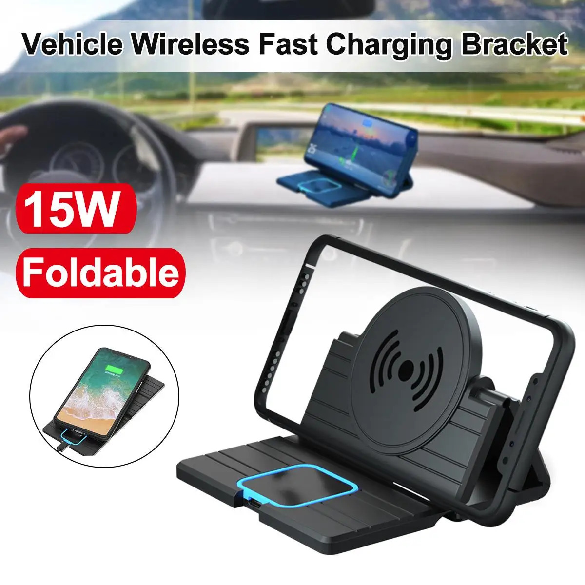 15W Foldable Vehicle Wireless Fast Charging Bracket Silicone Waterproof Type-C Interface Wireless Charger Holder Waterproof
