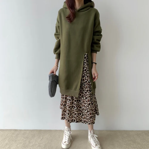 green SuperAen, корейский стиль, женское платье, новинка, осень и зима, с капюшоном, женское платье, леопардовое, вельветовое, модная женская одежда - Цвет: green