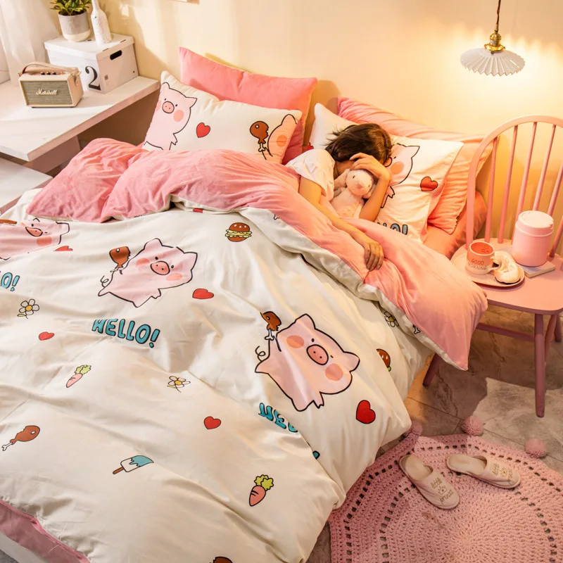 Милый модный Комплект постельного белья с животными, хлопок, для девочек, роскошный, с простыней, полный размер, мультяшный Кот, пододеяльник с наволочкой - Цвет: Pink Pig