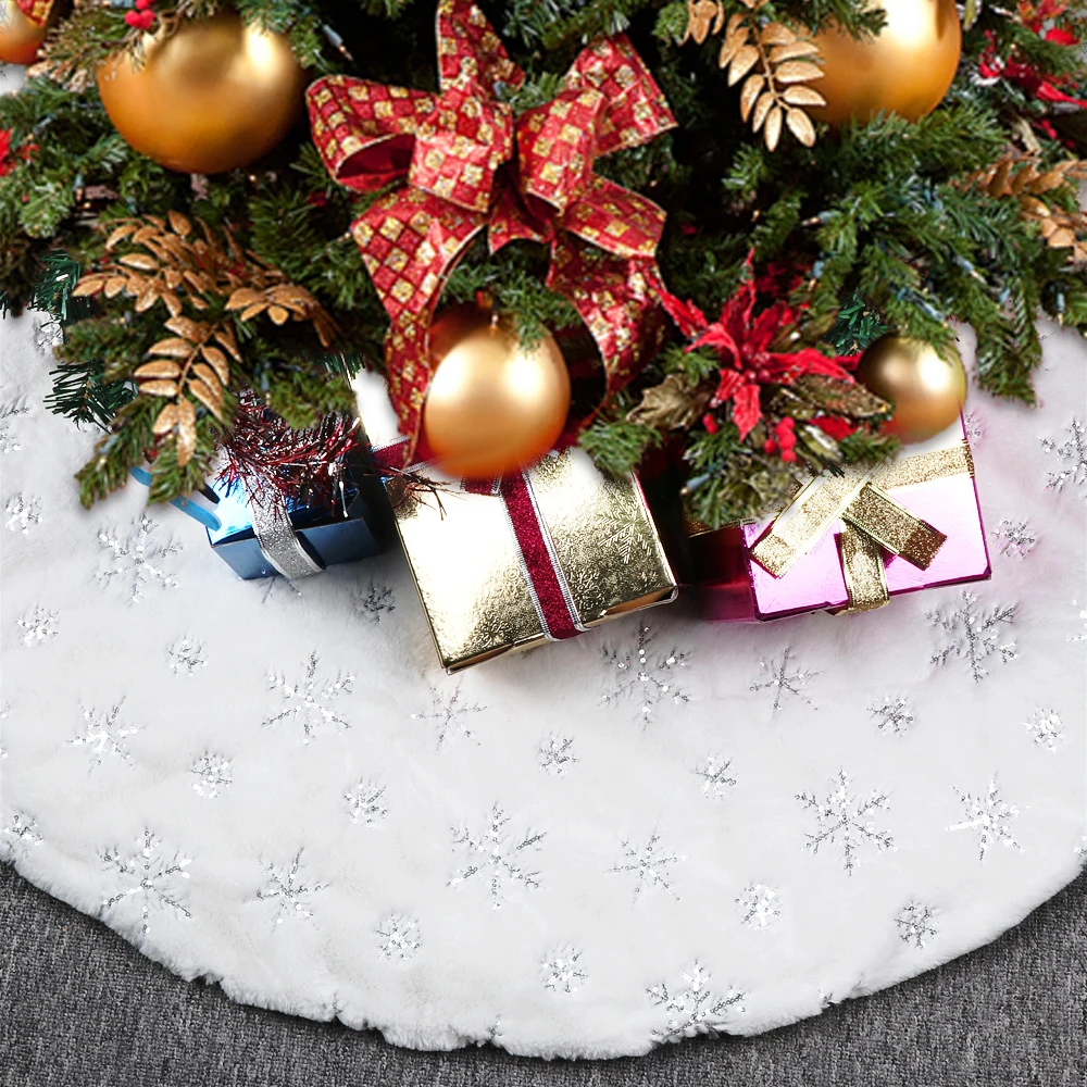 

OHEART White Plush Christmas Tree Skirt carpet Faux Fur Embroidered Snowflake Sequin Xmas Tree Skirt Decorations New Year 122cm