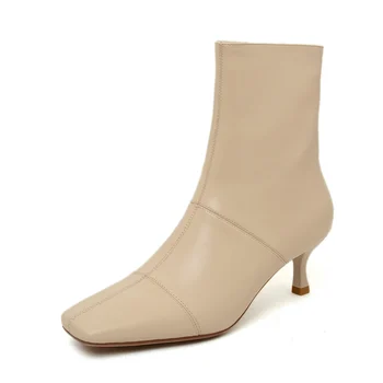 

Genuine Leather High Heels Women Short Ankle Boots Winter Warm Elegant Square Toe Chelsea Boots Dancing dress Shoes Woman