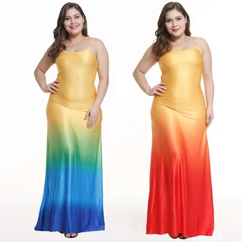 

S-5XL Plus Size Staghetti Strap Long Sleeveless Dresses Fashion Big Size Gradient color Ankle Length Beach Wear Dress Sundress
