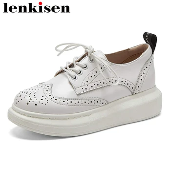 

Lenkisen 2020 leisure shoes women genuine leather round toe med heel handmade comfortable carving lace up vulcanized shoes L60