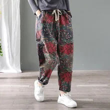 Женские джинсы на осень и зиму, Ретро стиль, эластичный пояс, повседневные джинсовые штаны, новинка, женские винтажные свободные штаны с карманами и завязками