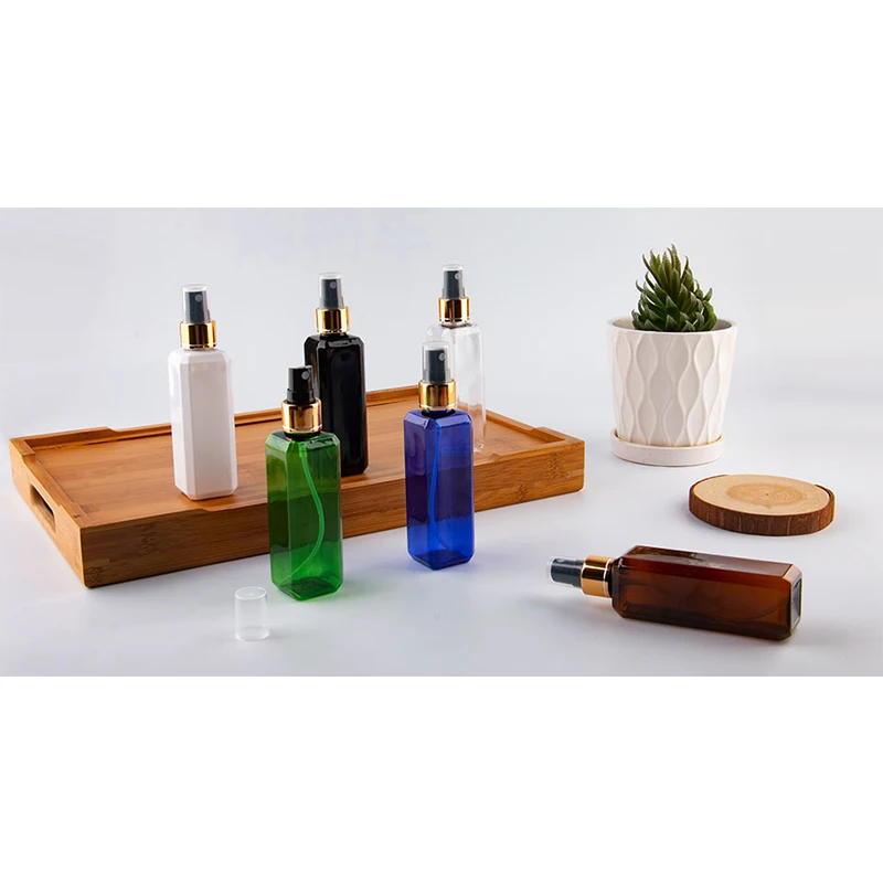 100ml Transparent Square Empty Plastic Bottles Gold Aluminum Sprayer 100cc Cosmetic Containers Perfume Bottle With Spray Pump-5