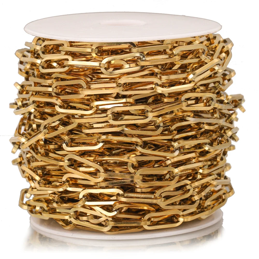 Cadena de acero inoxidable de 7mm de ancho, 1 metro, clip de papel dorado, Cable de óvalo plano para fabricación de collares y pulseras DIY